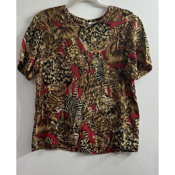 Vintage 80s Small Silk Short Sleeve Blouse Red Brown Animal Zebra Jaguar Classic - Picture 1 of 7